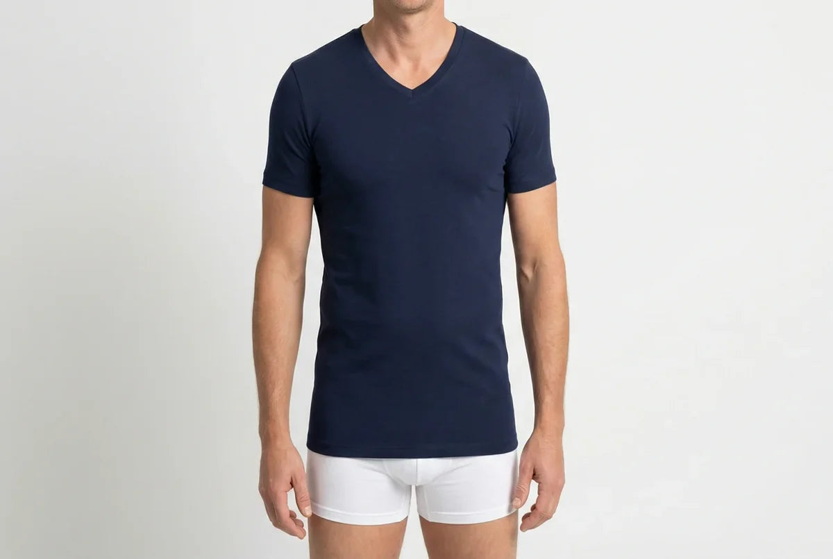 Beeren Heren V-Hals T-Shirt Extra Lang M3000 marine voordeelpack - gedragen